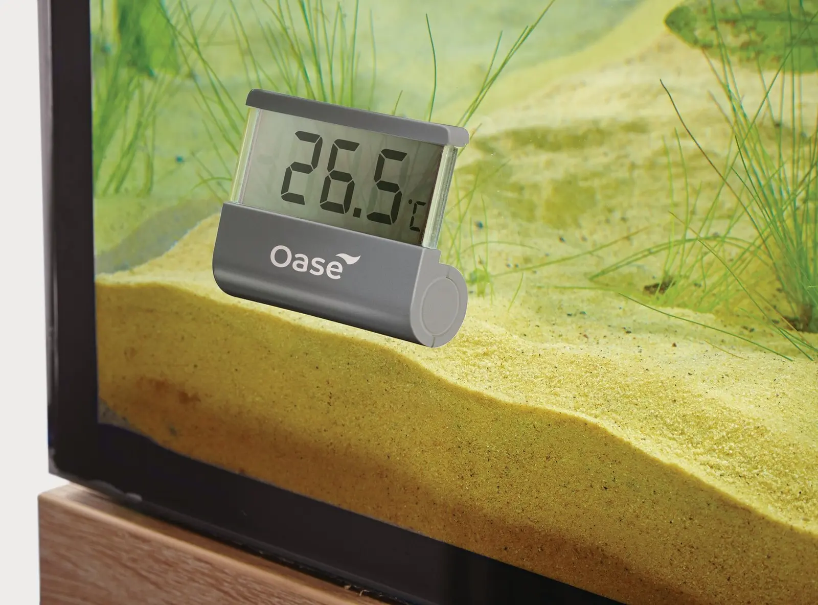 OASE digitalt termometer til akvarium festet på utsiden av glasset viser 26,5 °C