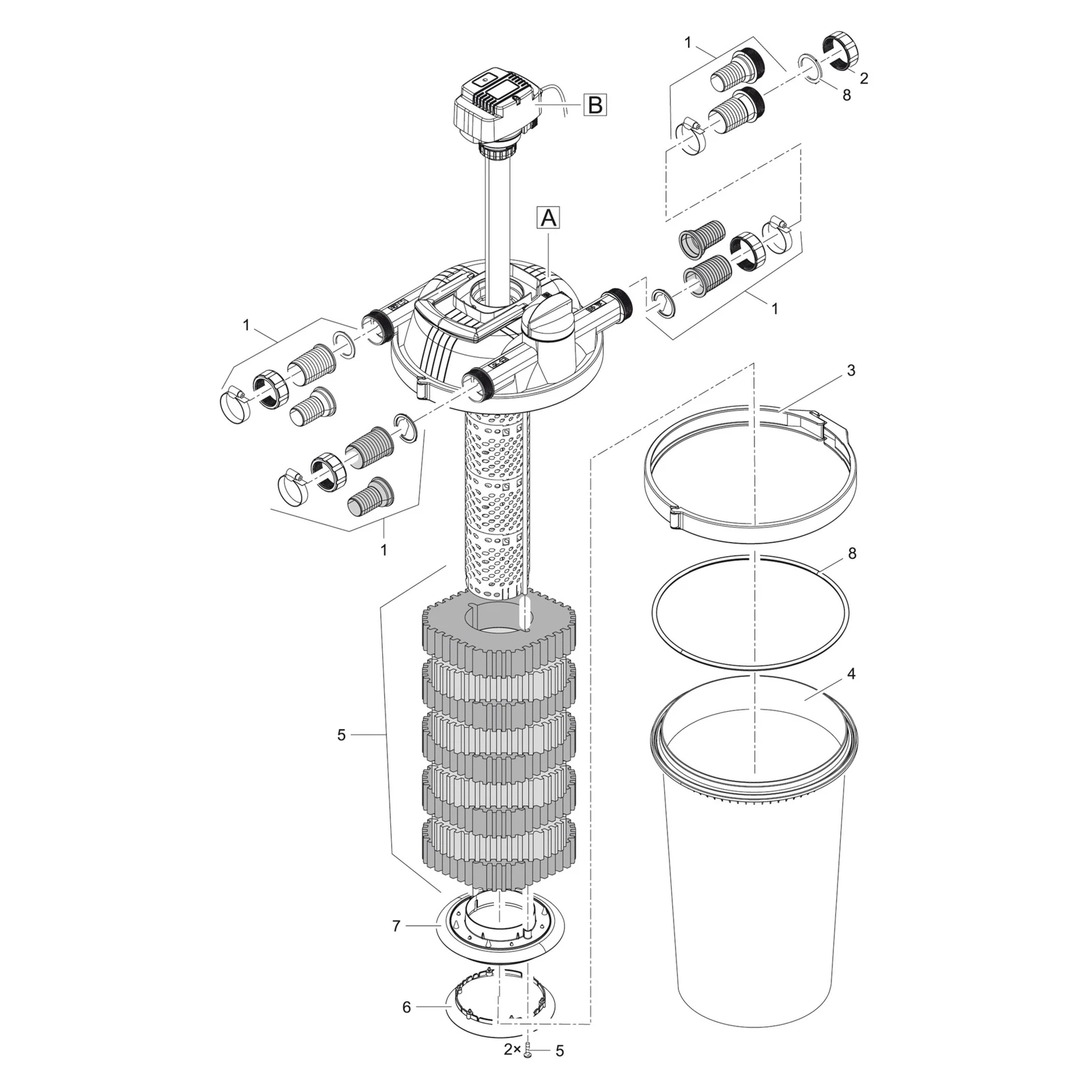Sprengskisse OASE FiltoClear 12000 med delenummer synlig