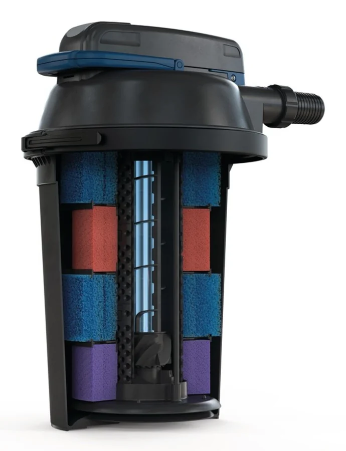Snitt av OASE FiltoClear 19000 som viser fire filtersvamper og UV-C-lampen i midten