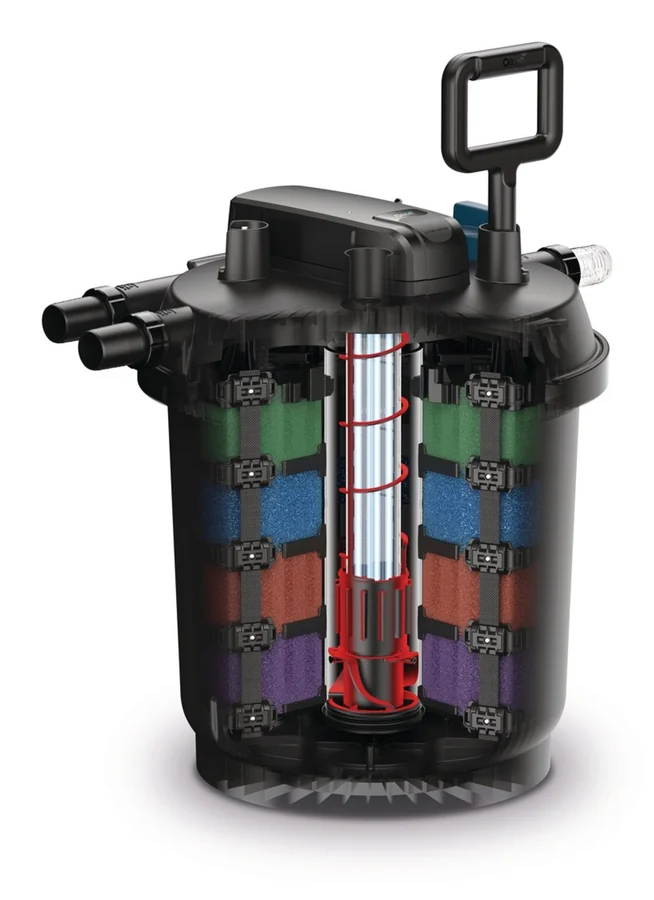 Snitt av OASE FiltoClear 60000 som viser de fire filterpatronene og UV-C-lampene i midten