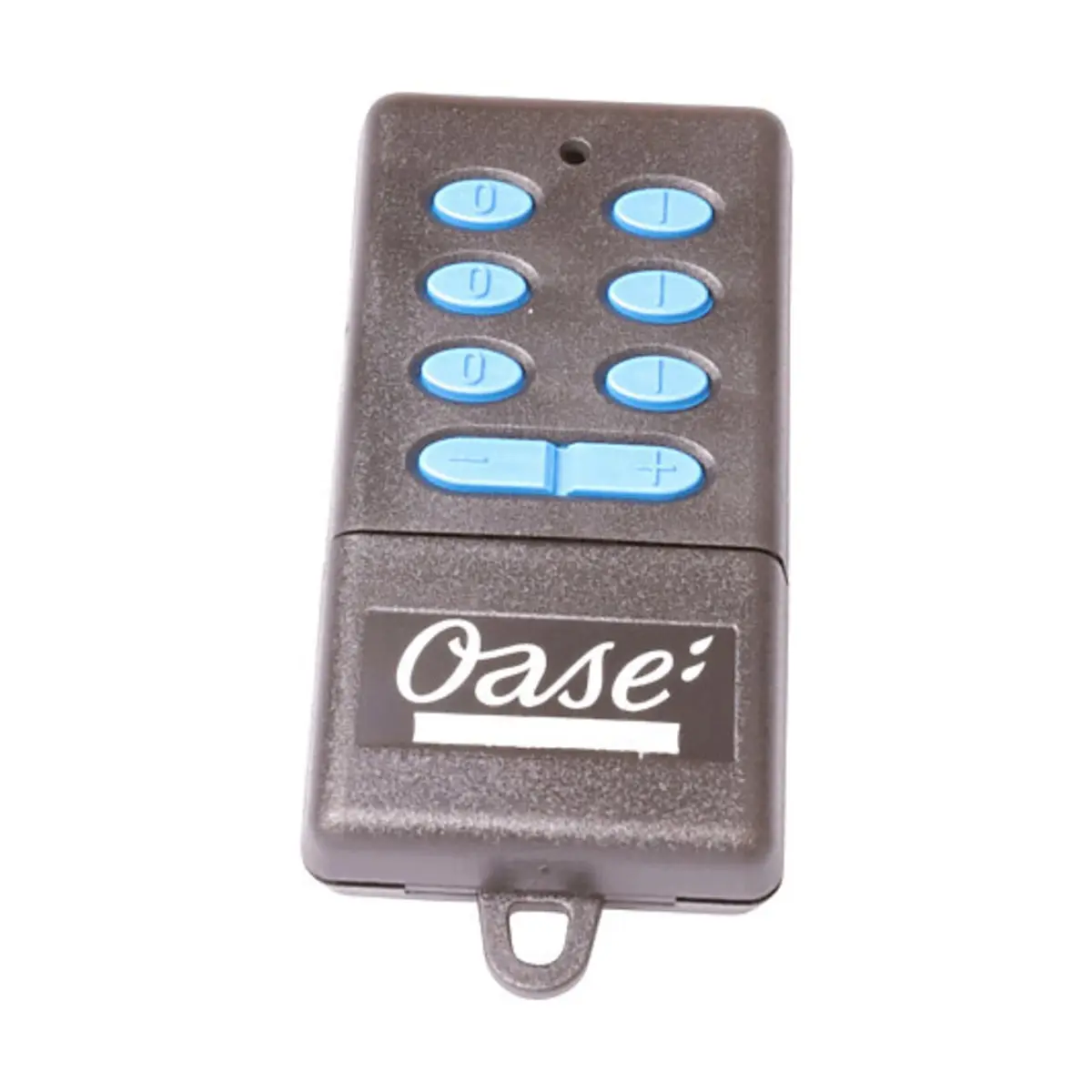 Fjernkontrollen til OASE FM Master 3 med knapper for av og på og dimming av fontenen