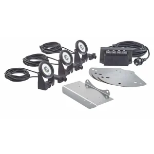 OASE flytende fontenesett hvitt lys med tre LunAqua Power LED-spotter, driver med fire uttak og festebraketter