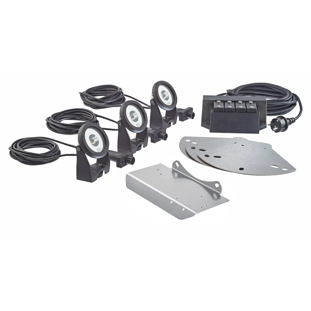 OASE flytende fontenesett hvitt lys med tre LunAqua Power LED-spotter, driver med fire uttak og festebraketter