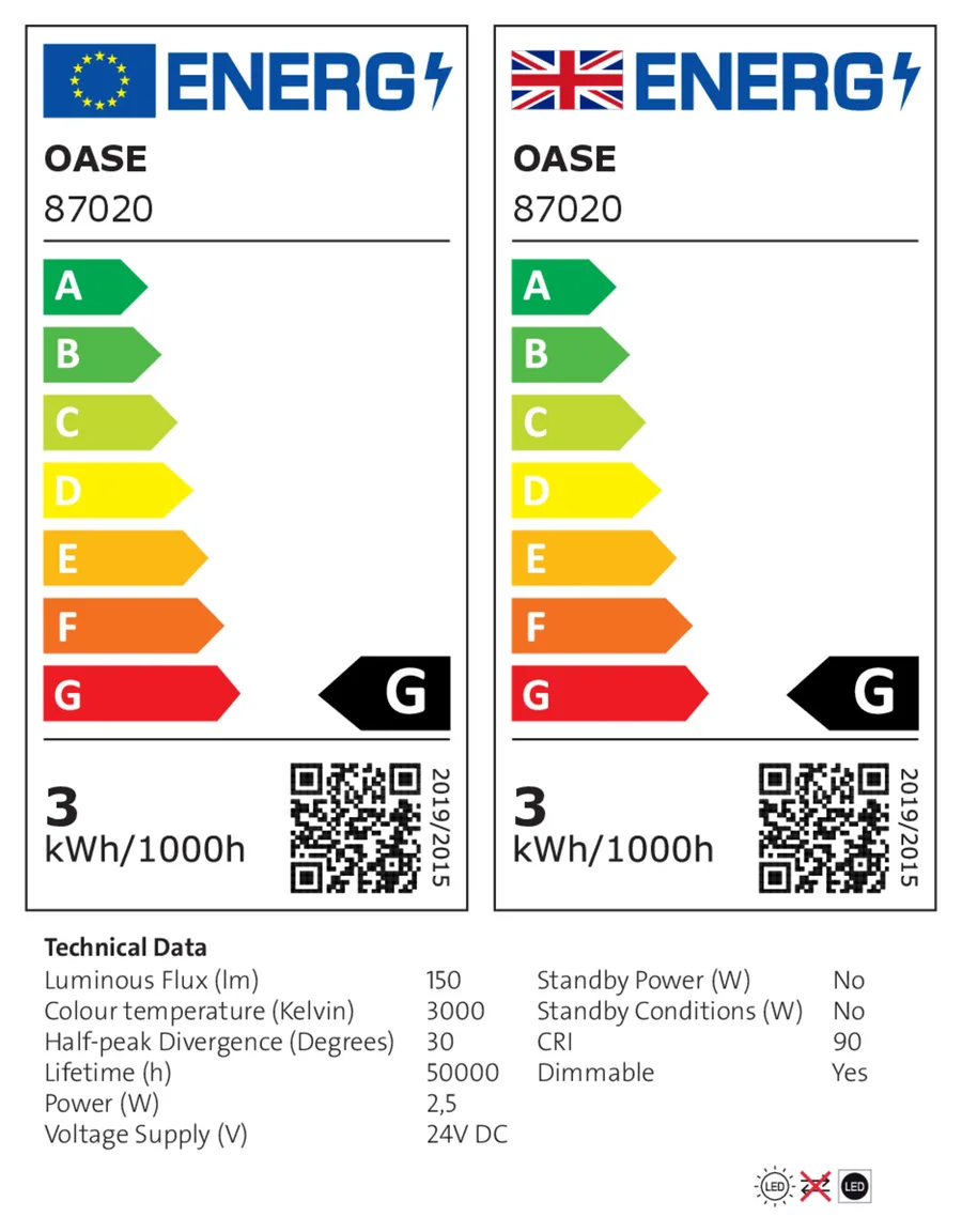 EU-energimerke for OASE LunAqua Connect S Solo hvit med energiklasse og tekniske data for lyskilden