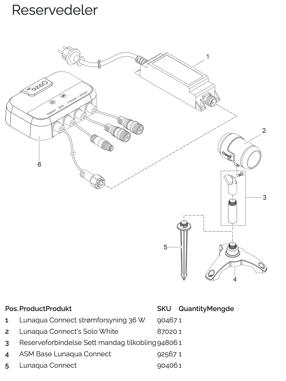 Reservedelstegning for OASE LunAqua Connect-sett med posisjonsnummer og varenummer