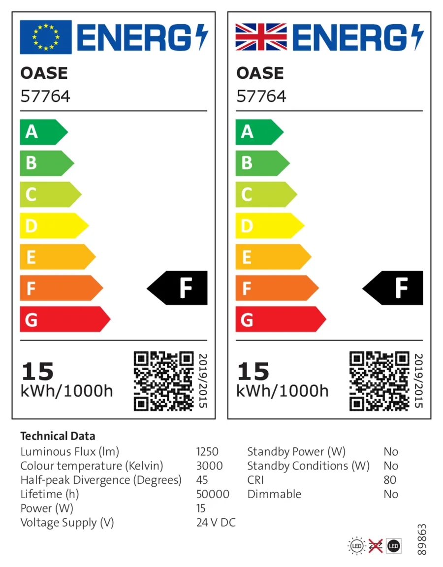 EU-energimerke for OASE LunAqua Power LED XL 3000 bred flood med energiklasse og tekniske data for lyskilden