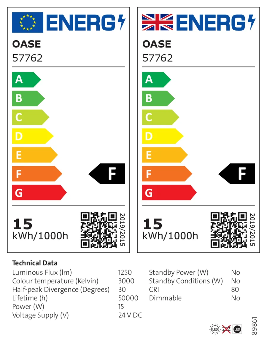 EU-energimerke for OASE LunAqua Power LED XL 3000 flood med energiklasse og tekniske data for lyskilden