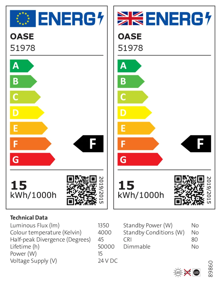 EU-energimerke for OASE LunAqua Power LED XL 4000 bred flood med energiklasse og tekniske data for lyskilden