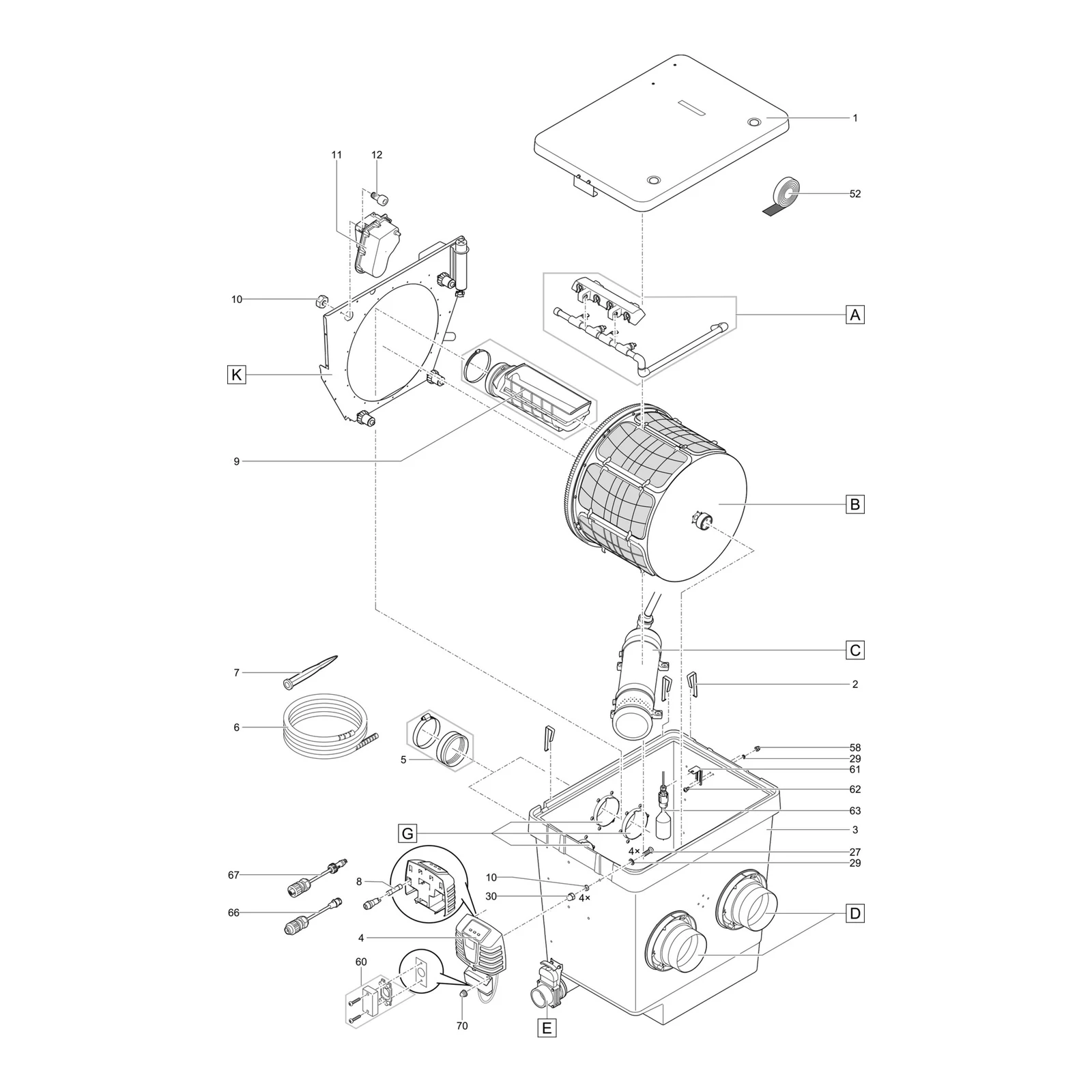 Sprengskisse OASE ProfiClear Premium trommelfilter gravitasjon med delenummer synlig