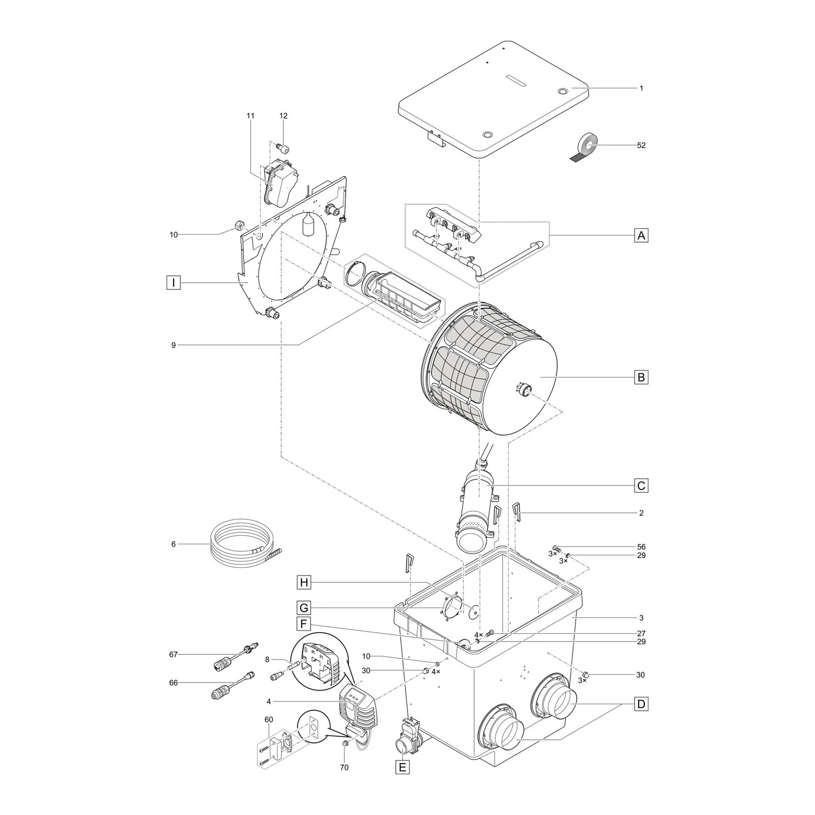 Sprengskisse OASE ProfiClear Premium trommelfilter pumpet med delenummer synlig