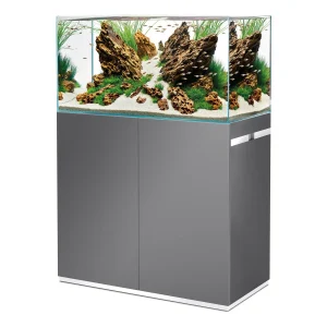 OASE ScaperLine 90 grå: åpent akvarium med naturlig layout på grått skap
