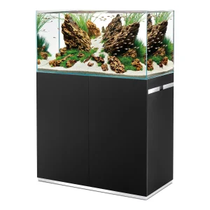 OASE ScaperLine 90 sort: åpent akvarium med naturlig layout på sort skap