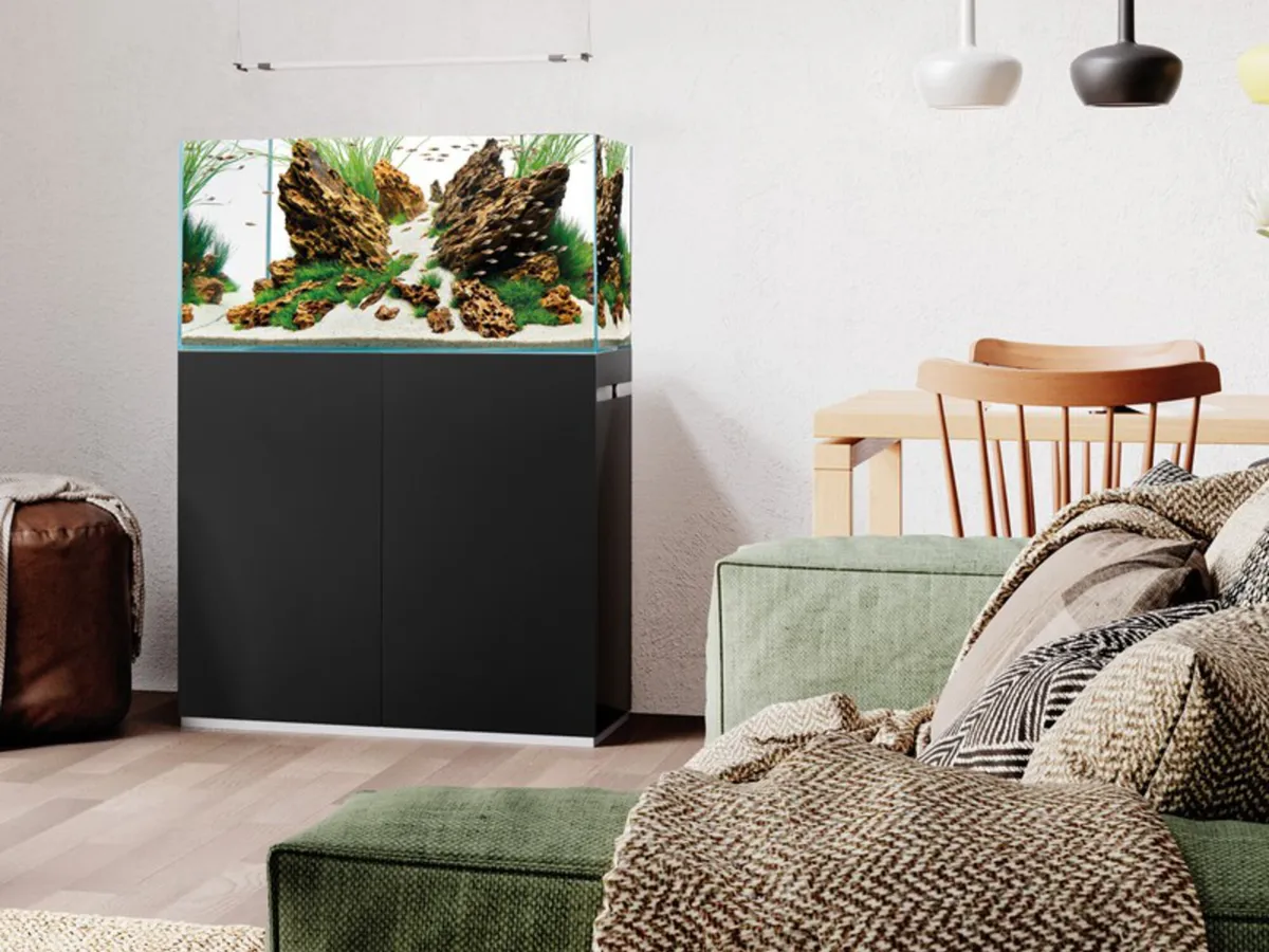 Sort OASE ScaperLine 90 med stein og planter ved sofaen i stua