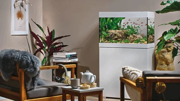 Hvitt OASE StyleLine-akvarium i en lys stue