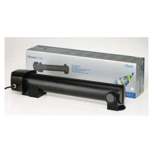 OASE Vitronic 55W UV-filter i sort hus med kontrollvindu, stilt foran den originale esken