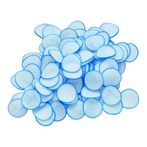 PondPads 20 liter filtermedie, en haug runde hvite skiver med blå kant til moving bed