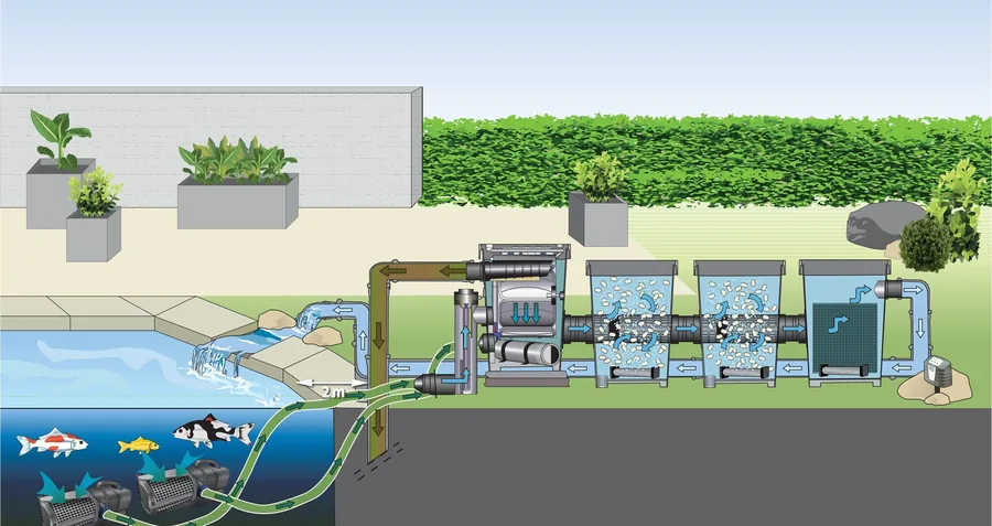 Tegning av stor dam der filterpumper sender vannet til ProfiClear Premium XL pumpematet på land