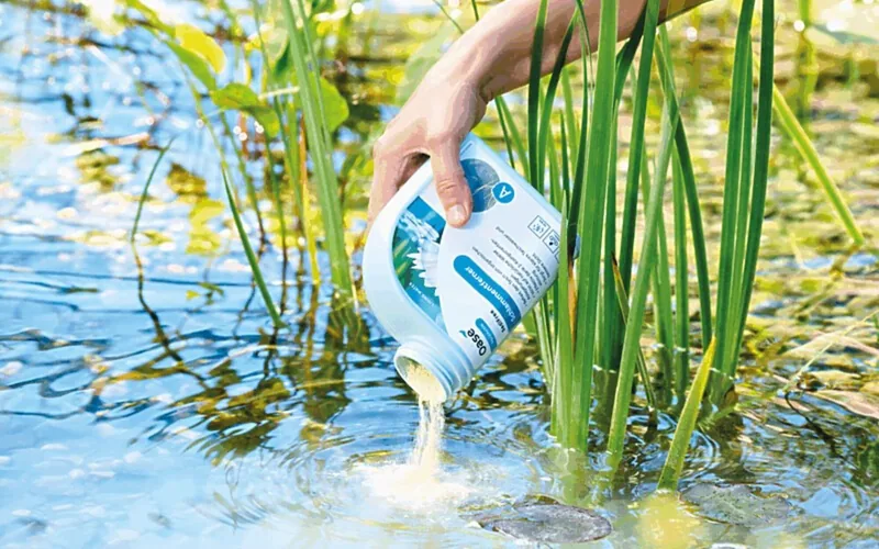 Hånd strør OASE SediFree slamfjerner ut i en hagedam med vannplanter