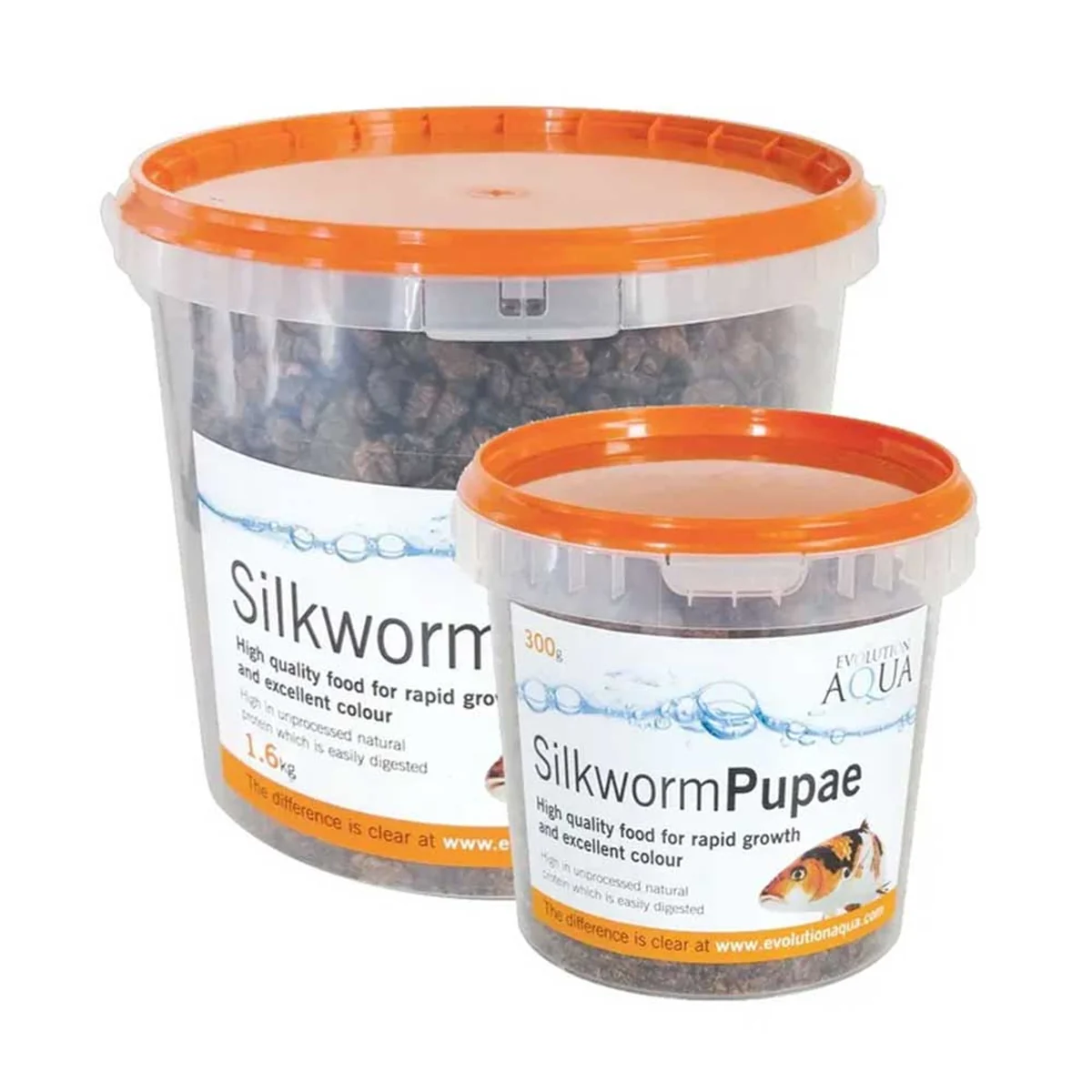 Evolution Aqua Silkworm Pupae, tørket silkeorm til koi i bøtte på 1,6 kg og boks på 300 g