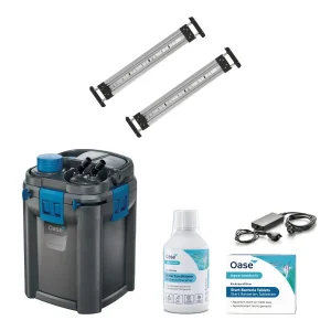 Innholdet i startpakken til OASE HighLine 125 og ScaperLine 60: BioMaster2 Thermo 250 ytterfilter, to MotionControl LED 45, EAC Transformer 120 W, LessStress og KickstartFilter Start