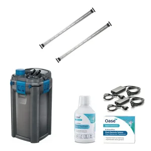 Innholdet i startpakken til OASE HighLine 400 og 600: BioMaster2 Thermo 850 ytterfilter, to MotionControl LED 120, to EAC Transformer 120 W, LessStress og KickstartFilter Start