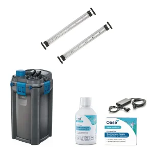 Innholdet i startpakken til OASE ScaperLine 90: BioMaster2 Thermo 600 ytterfilter, to MotionControl LED 65, EAC Transformer 120 W, LessStress og KickstartFilter Start