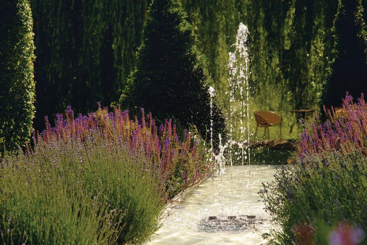 Water Quintet med fem fontenestråler i et smalt hagebasseng mellom lavendel og høye hekker